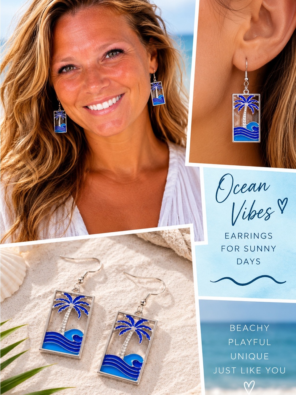Ocean Vibes Blue Palm Tree Wave Earrings